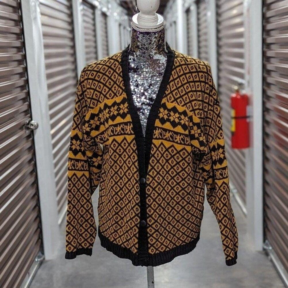 Vintage‎ Fair Isle Nordic Coastal Cardigan Mustard Black Geometric Knit Knit M